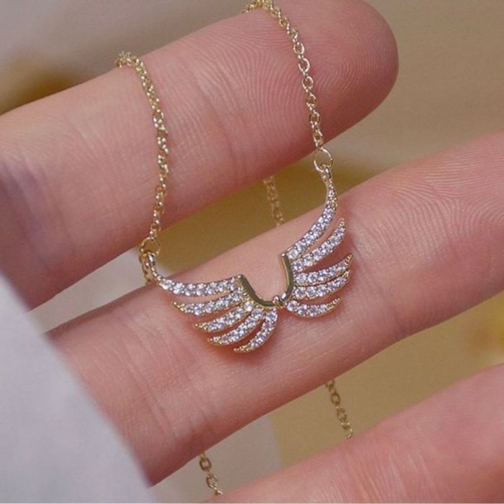 New 14K Gold Plated Diamond Angle Wing Necklace